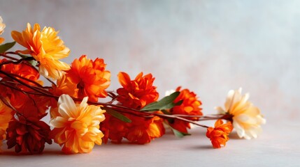 A beautifully arranged collection of artificial flowers in vibrant orange and yellow hues, capturing the essence of fall and seasonal celebrations with bright colors.