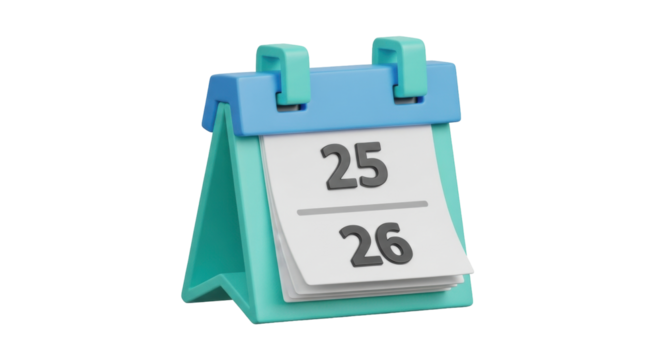 Isolated Calendar icon with date 25, 26 flipping to the next day schedule date reminder