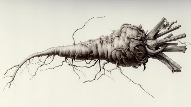 Root system concept ,gnarled root vegetable taproot botanical tuber knobby rustic twisted hand drawn antique herbal medicinal