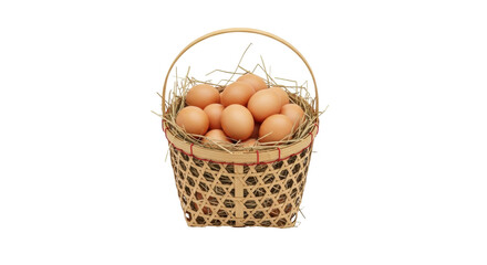 Isolated wicker basket filled with fresh brown chicken eggs, farm-fresh nutritious protein food