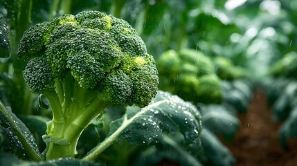 Perfect, vibrant green head of broccoli rests in a sun-kissed field. Tiny droplets of morning dew sit on its florets, shot with a shallow depth of field.