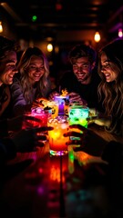 Halloween party drink station with colorful beverages, young adults toasting, smiling, cozy bar atmosphere. Concept of celebration, friendship, fun, Beverage Bar.
