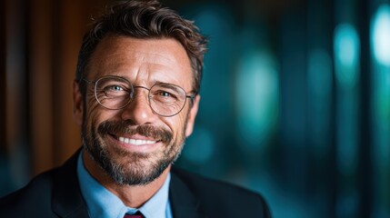 A confident man in a suit and glasses, smiling warmly at the camera, embodies professionalism and approachability in a softly blurred modern environment.
