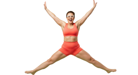 Energetic Woman Jumping for Joy, Fitness Activity, Studio, Photo, Bright, Dynamic Expression