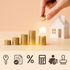 Human hand placing a coin onto a stack of money next to a house, visualizing financial growth and investment; the scene suggests saving, accumulating wealth, and buying a new home or real estate.