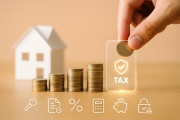 Image showcases financial planning, illustrating home ownership, investment growth, and taxation, with a hand placing a coin beside a "TAX" icon; stacks of coins represent increasing savings...