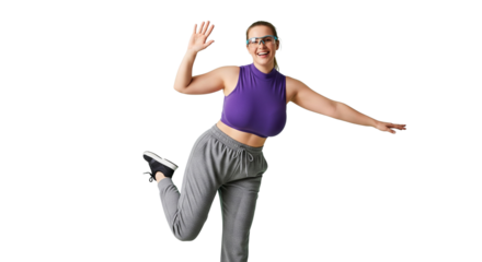 Energetic Dance Move, Woman, Studio, Photo, Bright Background, Side View, Joyful Expression