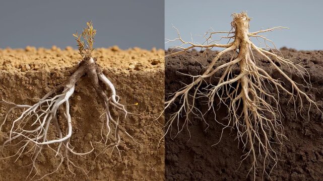 Root system concept ,shallow root system dry soil deep root system moist soil young plant contrasted with mature root network