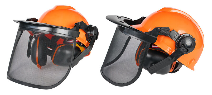 Closeup of protective chainsaw helmets with mesh visor and ear defenders isolated on white background. Front and side view of orange safety gear for head protection with net face shield for eye guard. - Powered by Adobe