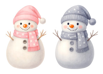 Watercolor Snowmen with Pastel Scarves and Hats, Cute Winter Christmas Clipart