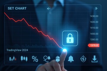 Human hand pointing at a digital chart showing a downward trend, alongside a lock icon symbolizing security, on a modern, futuristic interface with a dark blue background illustrating financial...