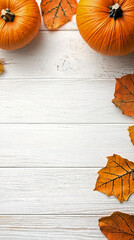 Two large orange pumpkins and autumn leaves arranged on rustic white wooden boards, empty central space for text