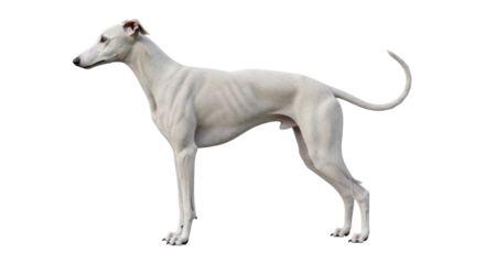 Isolated purebred Greyhound dog with a smooth coat and slender build on neutral background
