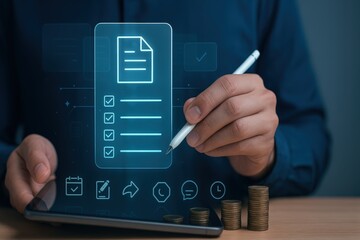 Person's hand using a stylus to interact with digital document on a tablet, a concept depicting financial planning, business operations, and the modern use of technology with digital icons, and...