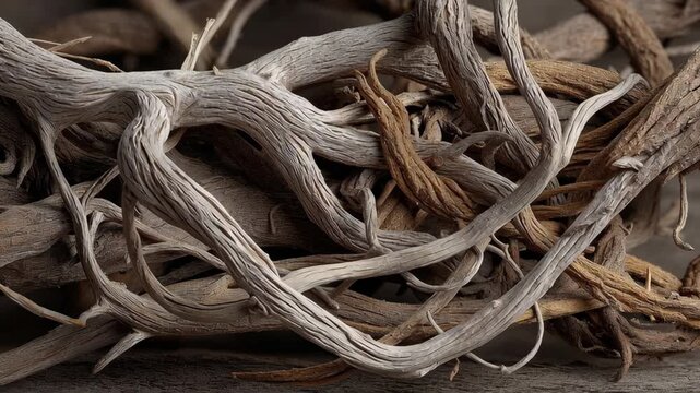 Root system concept ,twisted root vine dried tangle wood texture natural pattern organic form driftwood weathered brown fiber