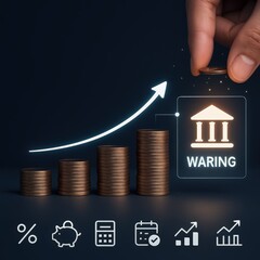 Conceptual illustration depicting financial growth, featuring stacked coins forming a rising graph, symbolizing investment progress and economic increase, with a glowing arrow pointing upward...