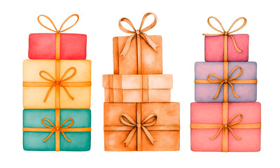 Watercolor Christmas Presents Stack, Cute Holiday Gift Clipart Illustration