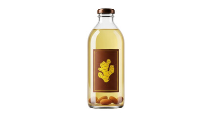 Isolated bottle of ginger and almond syrup, aromatic taste, for dessert drink use