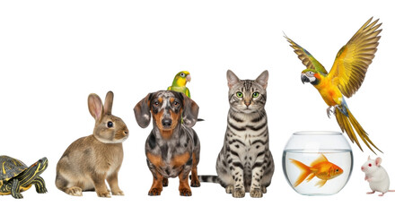 Isolated studio shot of pets, including a turtle, rabbit, dachshund, cat, goldfish, parrot and mouse