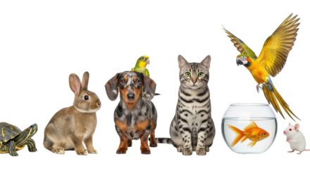 Isolated studio shot of pets, including a turtle, rabbit, dachshund, cat, goldfish, parrot and mouse