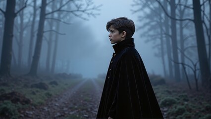 Boy in vampire outfit stands in foggy forest, tall trees surrounding dirt path. Concept of Halloween, mystery, contemplation, serene atmosphere, and dark elegance.
