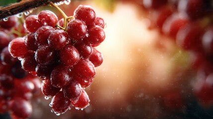 A close-up view of glistening red grapes adorned with sparkling water drops, creating an enticing display of freshness and vitality illuminated by a soft, warm backdrop.