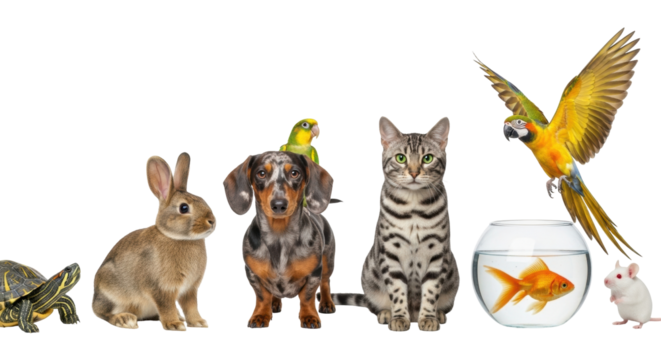 Isolated studio shot of pets, including a turtle, rabbit, dachshund, cat, goldfish, parrot and mouse