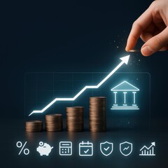 Illustrative image shows financial growth and investment concept using coin stacks, a glowing upward trend arrow, and a hand adding a coin to visualize potential gains on a dark background.