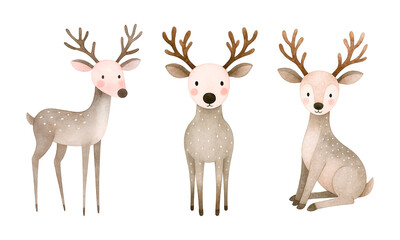 Watercolor Reindeer Group Illustration, Cute Christmas Holiday Clipart