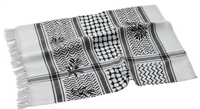 Upscaled monochrome scarf features a geometric pattern with olive branch design and fringed edges.