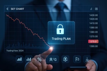 Financial data displayed on a digital screen features a declining chart, a lock icon, and the words "Trading PLAN," indicating a financial strategy with potential risks being visualized.