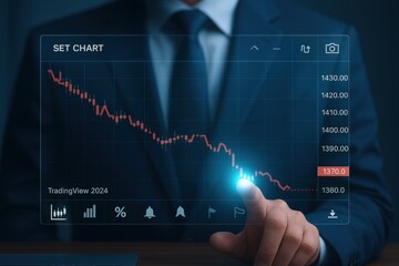 Financial professional interacting with a digital chart depicting a downward trend, symbolized by a falling graph, indicating market decline.