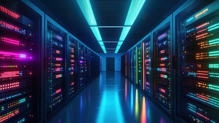 A high-tech server room illuminated with colorful lights, showcasing rows of servers in a sleek, modern environment.
