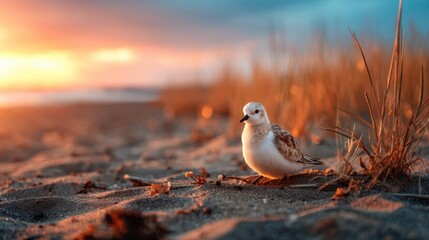 A serene scene capturing a solitary bird resting on sandy shores during sunset, showcasing the soft glow of twilight illuminating the tranquil beach landscape.
