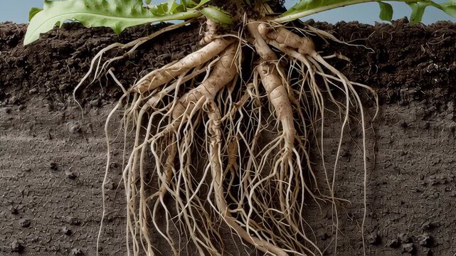 Root system concept ,Dandelion root taproot and fibrous lateral roots soil cross section showing underground root system