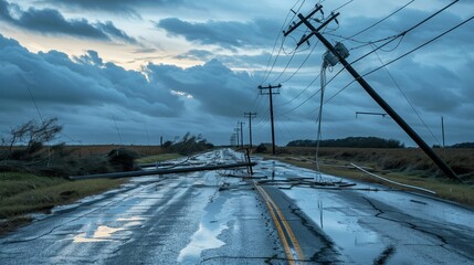 Fallen power lines on flooded road, storm damage, dramatic cloudy background.