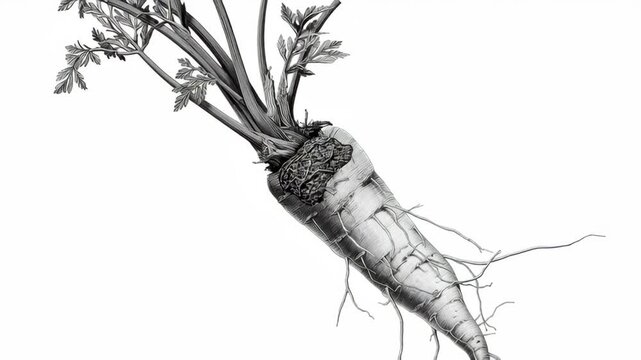 Root system concept ,root carrot and parsnip botanical sketch with leafy stem and root texture, organic vegetable study with