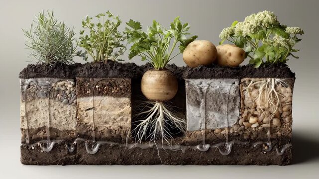 Root system concept ,Herb root and tuber cross section revealing soil layers with potato parsley celery roots and earthy natural