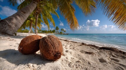 Two coconuts on sandy beach under palm trees with turquoise sea view