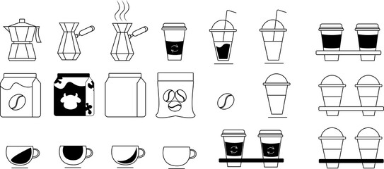 Minimal line art coffee icons set in vector style, featuring moka pot, takeaway cups, coffee beans, milk and mugs. Perfect for cafe branding, packaging design, menus, web, and digital illustrations.