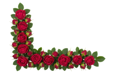 Isolated L-shaped corner decoration with red roses, green leaves, and flower buds arrangement