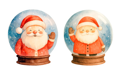 Watercolor Christmas Snow Globes with Santa Claus, Festive Holiday Clipart