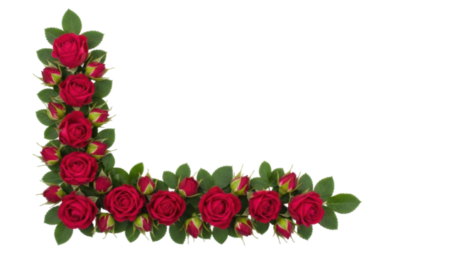 Isolated L-shaped corner decoration with red roses, green leaves, and flower buds arrangement