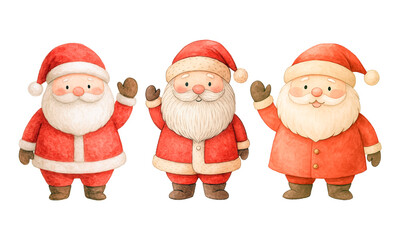 Watercolor Santa Claus Characters in Different Poses, Cute Christmas Clipart