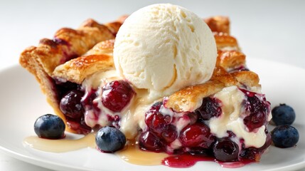 A delectable berry pie, gracefully served with a scoop of vanilla ice cream, capturing the essence of homemade desserts perfect for sharing sweet moments.