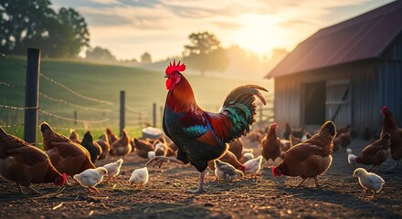 Farm Chickens at Sunrise.