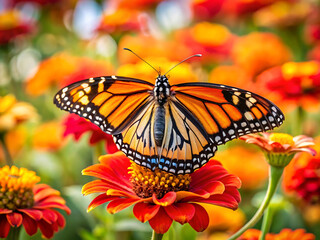 Fototapeta premium Monarch butterfly resting on a vibrant orange and red zinnia flower