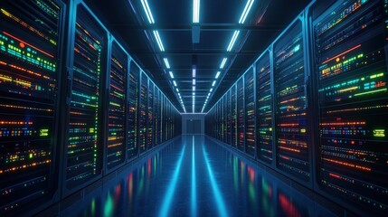 A dimly lit server room features rows of illuminated servers, showcasing a high-tech environment with vibrant lights.