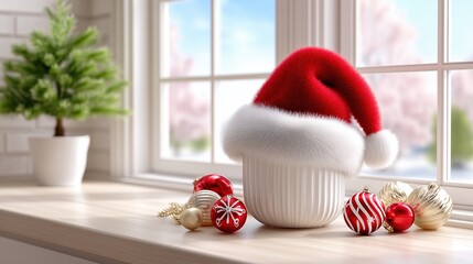 Obraz premium Festive Santa hat and Christmas baubles on a sunlit window sill, celebrating the holiday season.