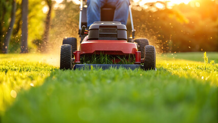 Obraz premium Man mowing a lush green lawn with a red lawnmower during golden hour sunlight in a park